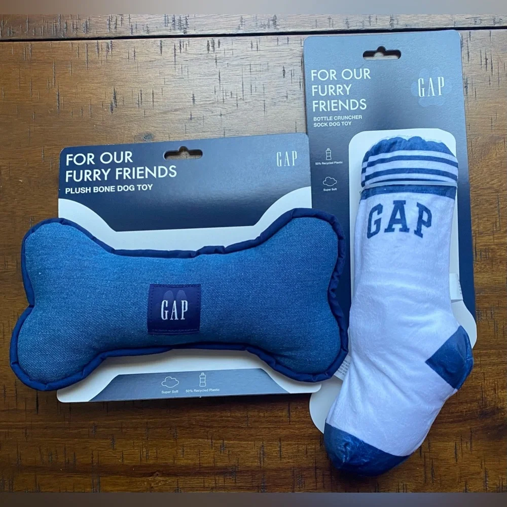 •NWT•Gap Pet Toy Plush Denim Bone Shaped Squeaker + Plush Sock with Water Bottle